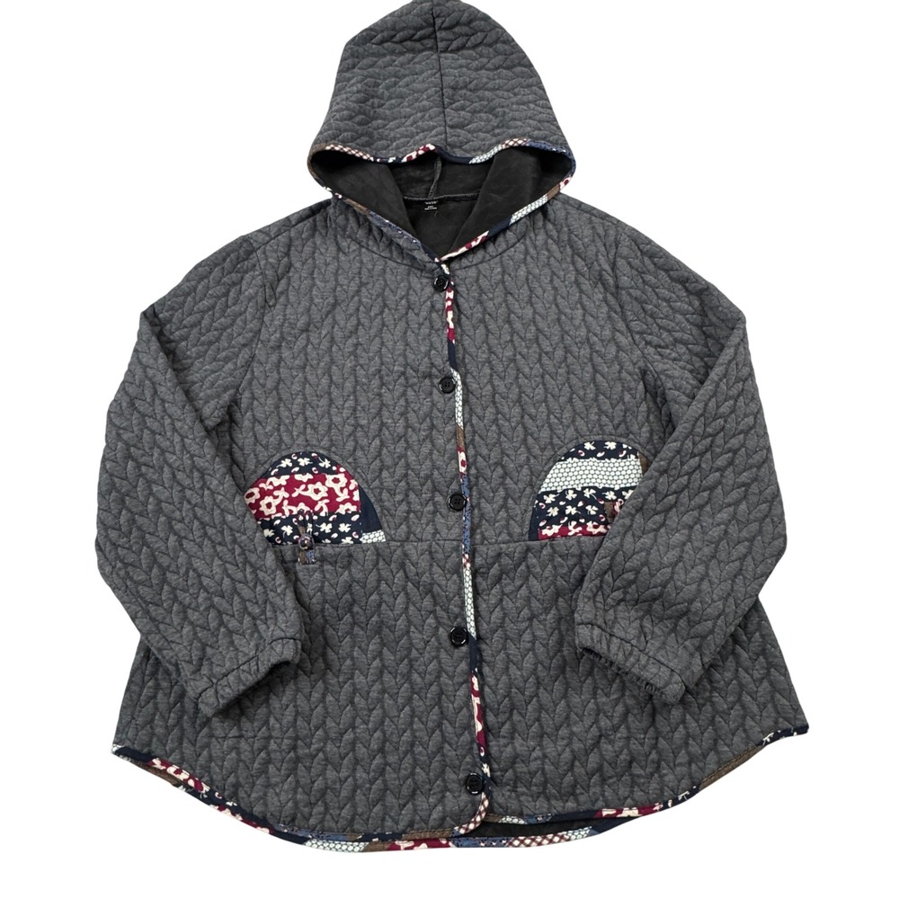 Emery Rose Womens 2XL Gray Quilted Hooded Jacket Floral Patchwork Trim Button Up